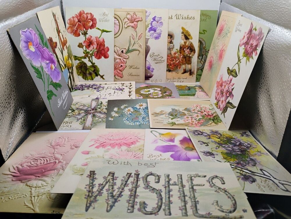 Lot Of 20 Antique/Vintage Birthday/Best Wishes Embossed Floral Postcards #3